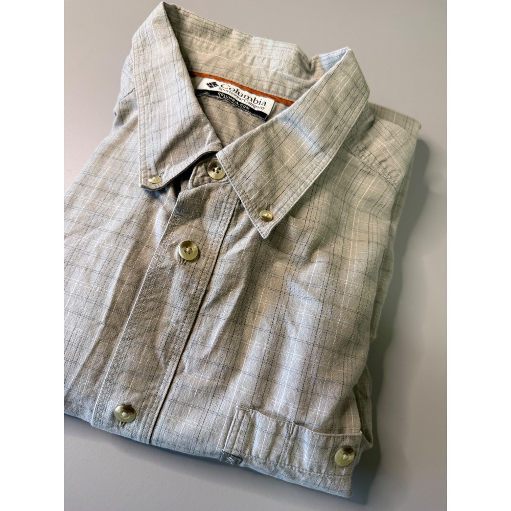Columbia Mens Long Sleeve Button Down Shirt Tan Gray Plaid Cotton AM7699